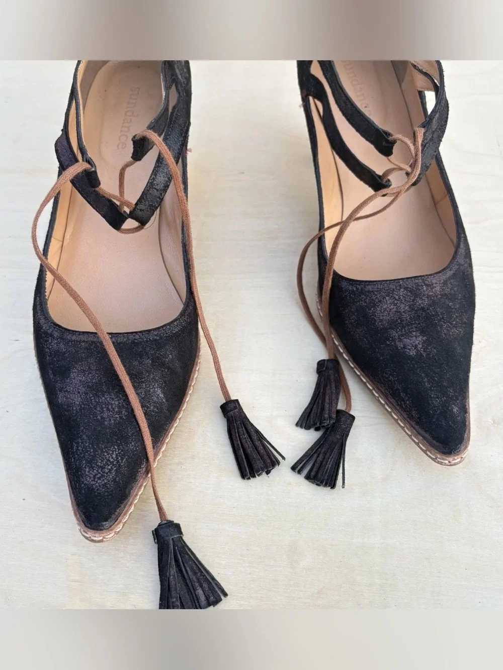 Sundance Natalia Sz EU40/US9.5 Laced Heels Pointed Toe Brown Boho Tassles Pumps